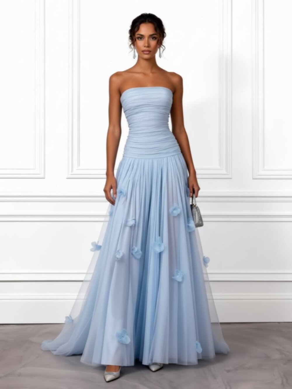 FEHAUTE Light Blue 3D Floral Ruched Tulle Strapless Sleeveless A-Line Gown Dress